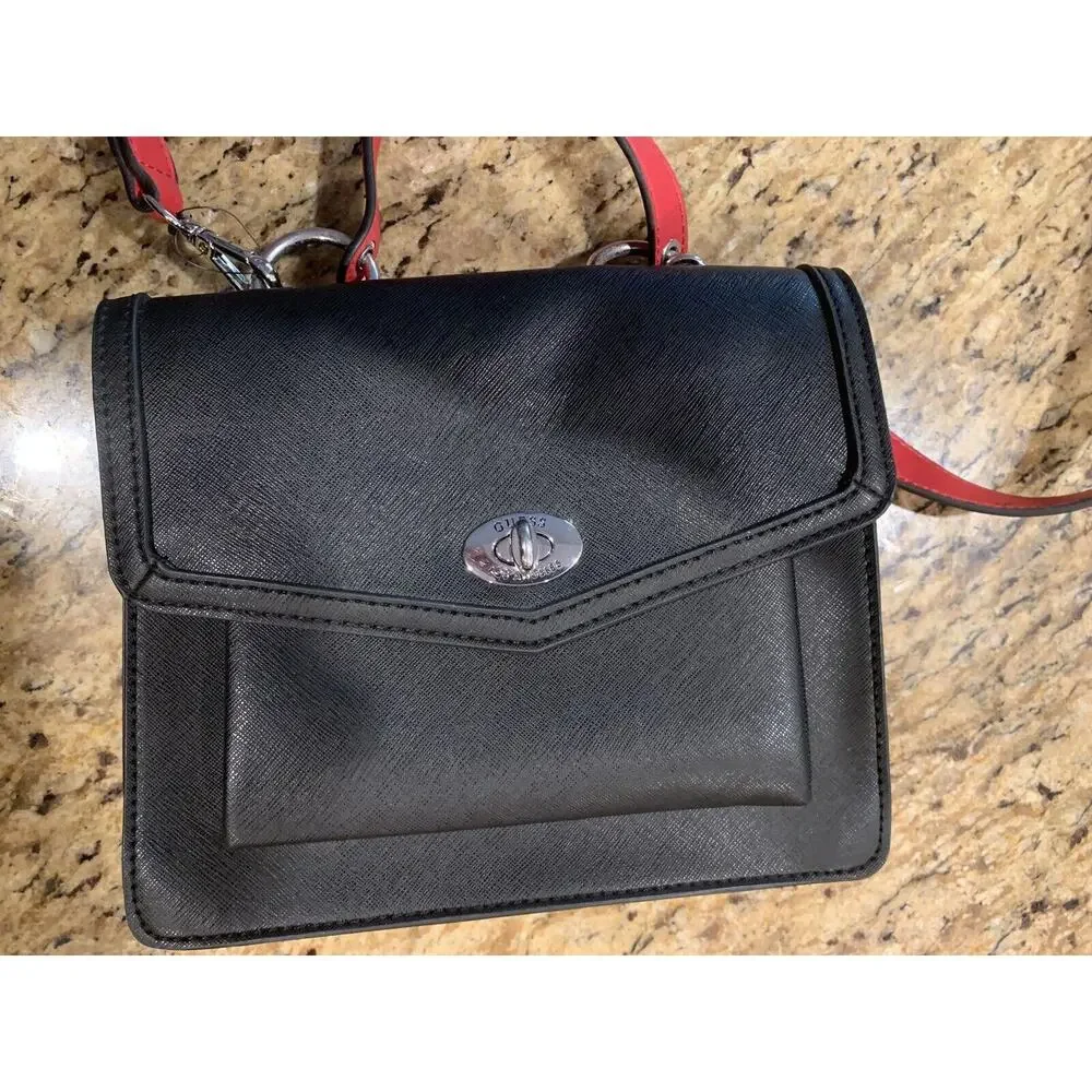 Guess Los Angeles Womens Black Purse Red Shoulder‎ Strap Silver Hardware